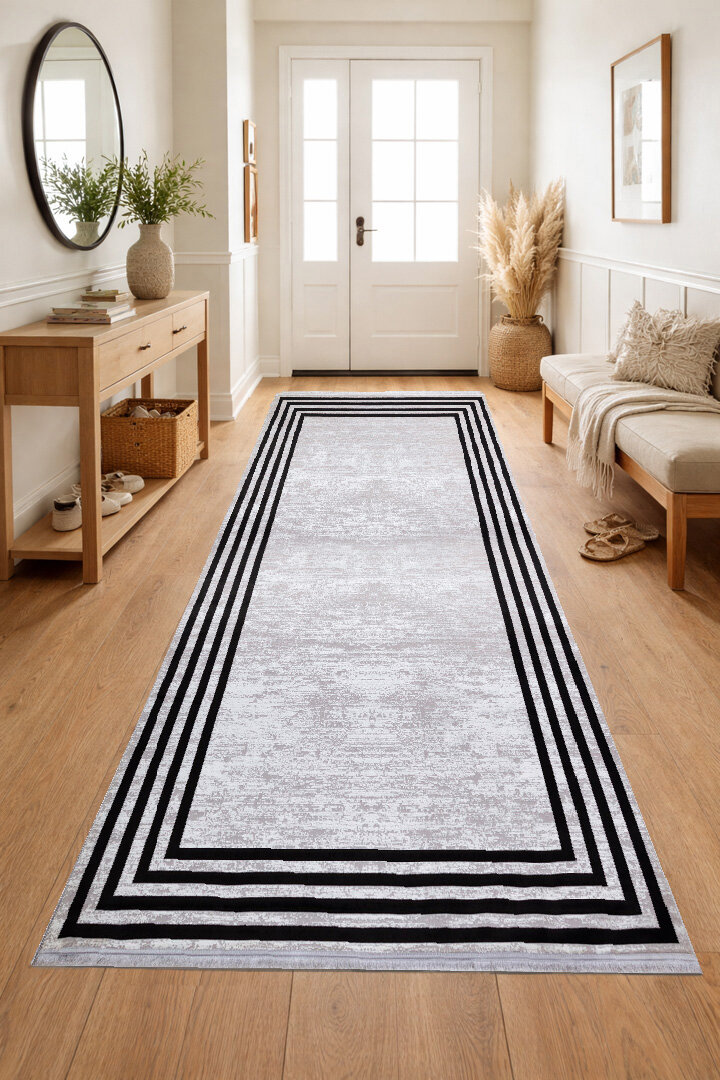 Parlak Saten Dokulu Poem Bambu Tuşe Klasik Çerçeve Desenli Halı Pm04 Siyah - 4