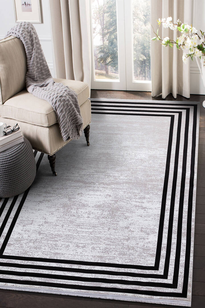 Parlak Saten Dokulu Poem Bambu Tuşe Klasik Çerçeve Desenli Halı Pm04 Siyah - 1