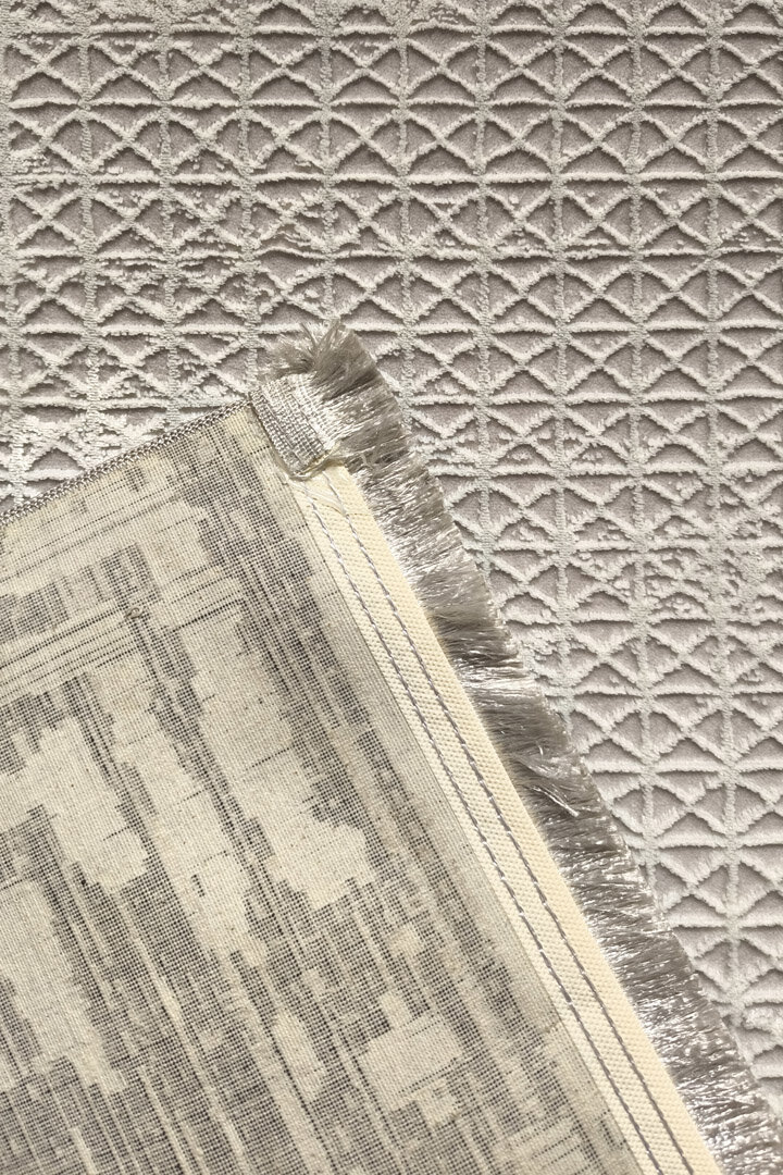 Parlak Saten Dokulu Poem Bambu Tuşe Klasik Çerçeve Desenli Halı Pm08 Beyaz - 5