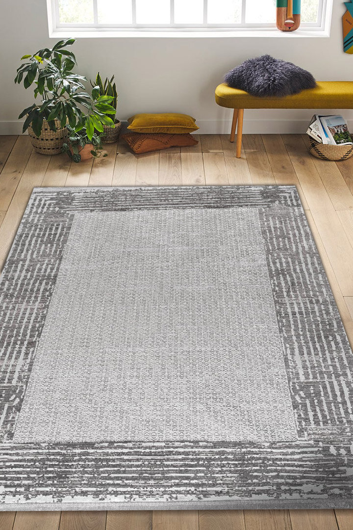 Parlak Saten Dokulu Poem Bambu Tuşe Klasik Çerçeve Desenli Halı Pm08 Beyaz 