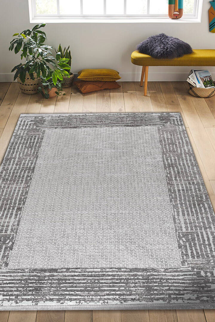 Parlak Saten Dokulu Poem Bambu Tuşe Klasik Çerçeve Desenli Halı Pm08 Beyaz - 1