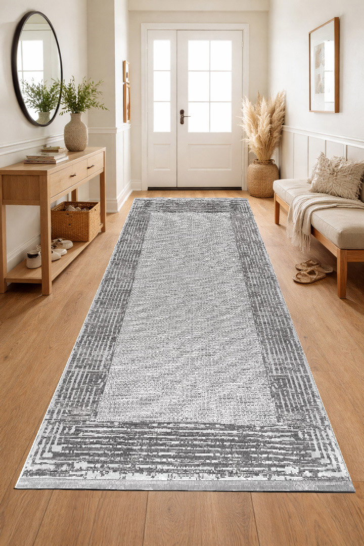 Parlak Saten Dokulu Poem Bambu Tuşe Klasik Çerçeve Desenli Halı Pm08 Beyaz - 3