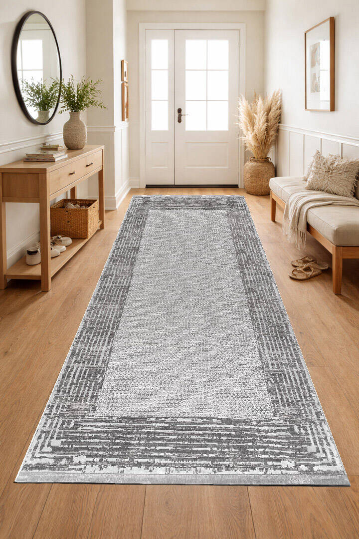 Parlak Saten Dokulu Poem Bambu Tuşe Klasik Çerçeve Desenli Halı Pm08 Beyaz - 3