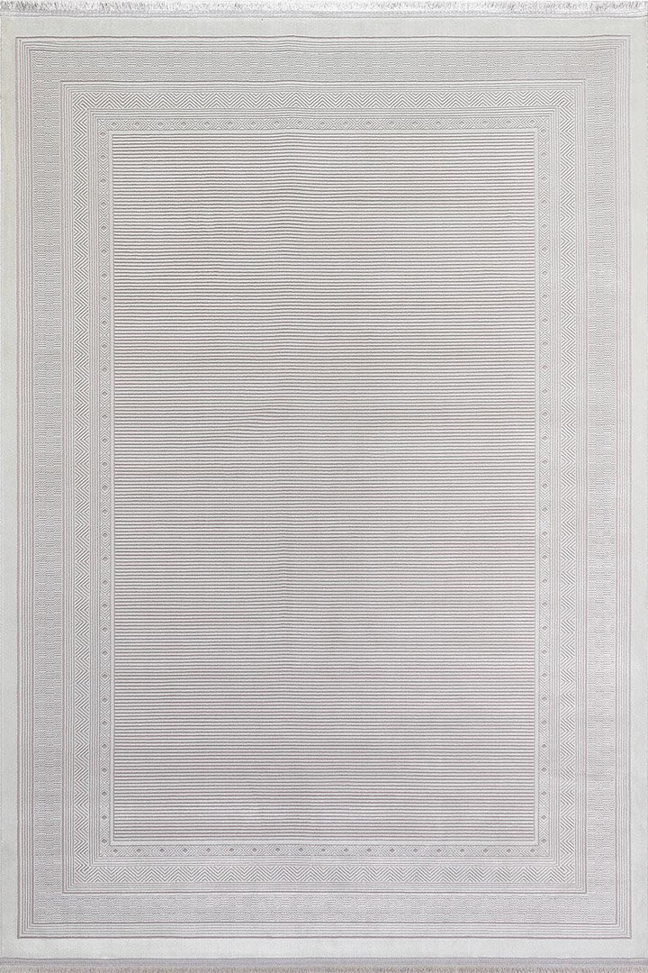 Parlak Saten Dokulu Poem Bambu Tuşe Klasik Çerçeve Desenli Halı Pm10 Beyaz - Frenda (1)