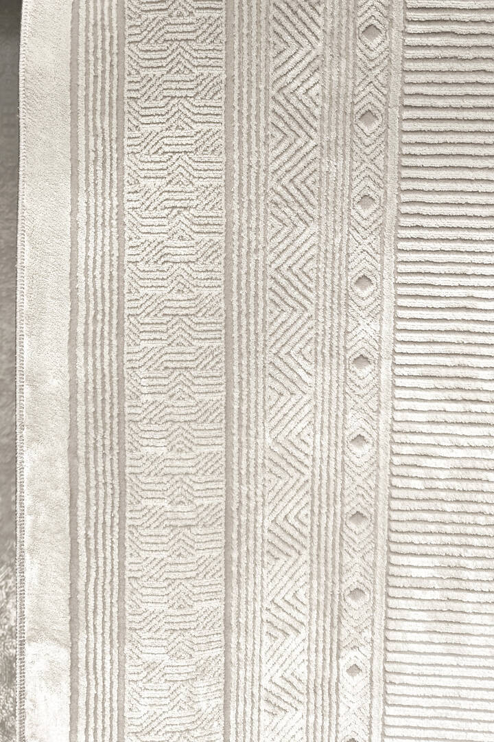 Parlak Saten Dokulu Poem Bambu Tuşe Klasik Çerçeve Desenli Halı Pm10 Beyaz - 4