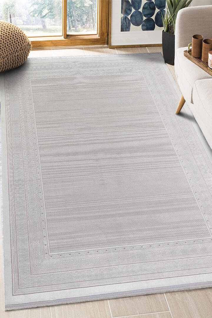 Parlak Saten Dokulu Poem Bambu Tuşe Klasik Çerçeve Desenli Halı Pm10 Beyaz - 1