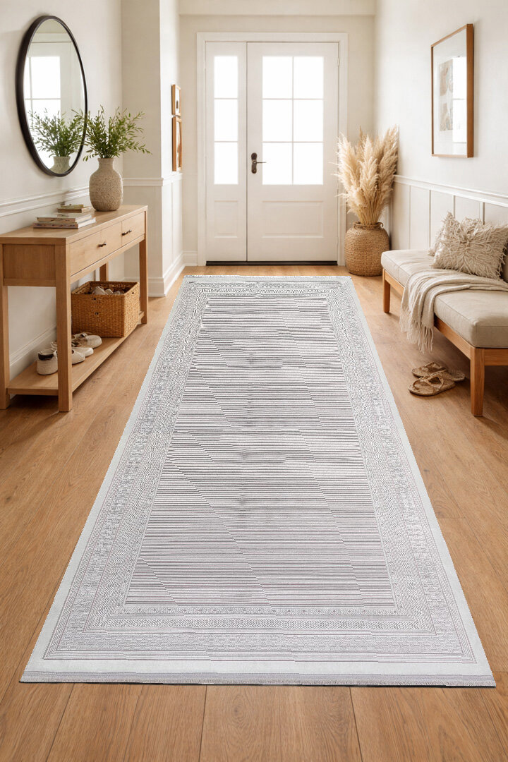 Parlak Saten Dokulu Poem Bambu Tuşe Klasik Çerçeve Desenli Halı Pm10 Beyaz - 3