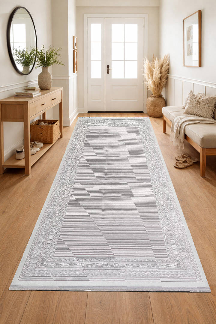 Parlak Saten Dokulu Poem Bambu Tuşe Klasik Çerçeve Desenli Halı Pm10 Beyaz - 3