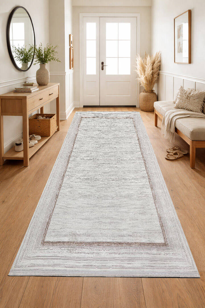 Parlak Saten Dokulu Poem Bambu Tuşe Klasik Çerçeve Desenli Halı Pm13 Bej - 3