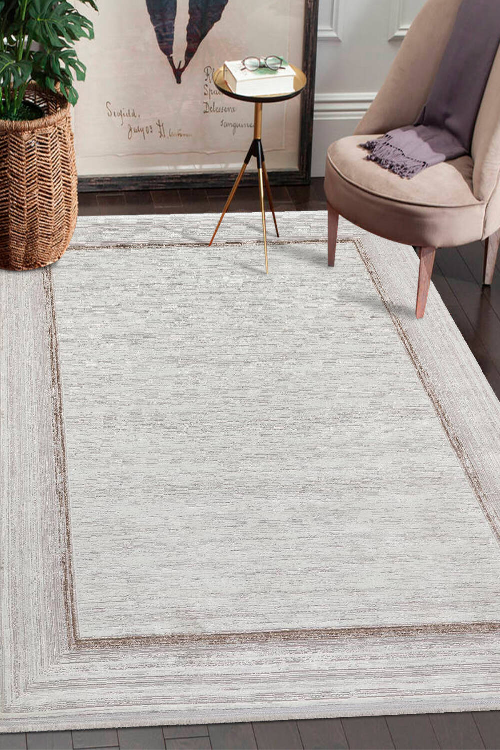 Parlak Saten Dokulu Poem Bambu Tuşe Klasik Çerçeve Desenli Halı Pm13 Bej - 1