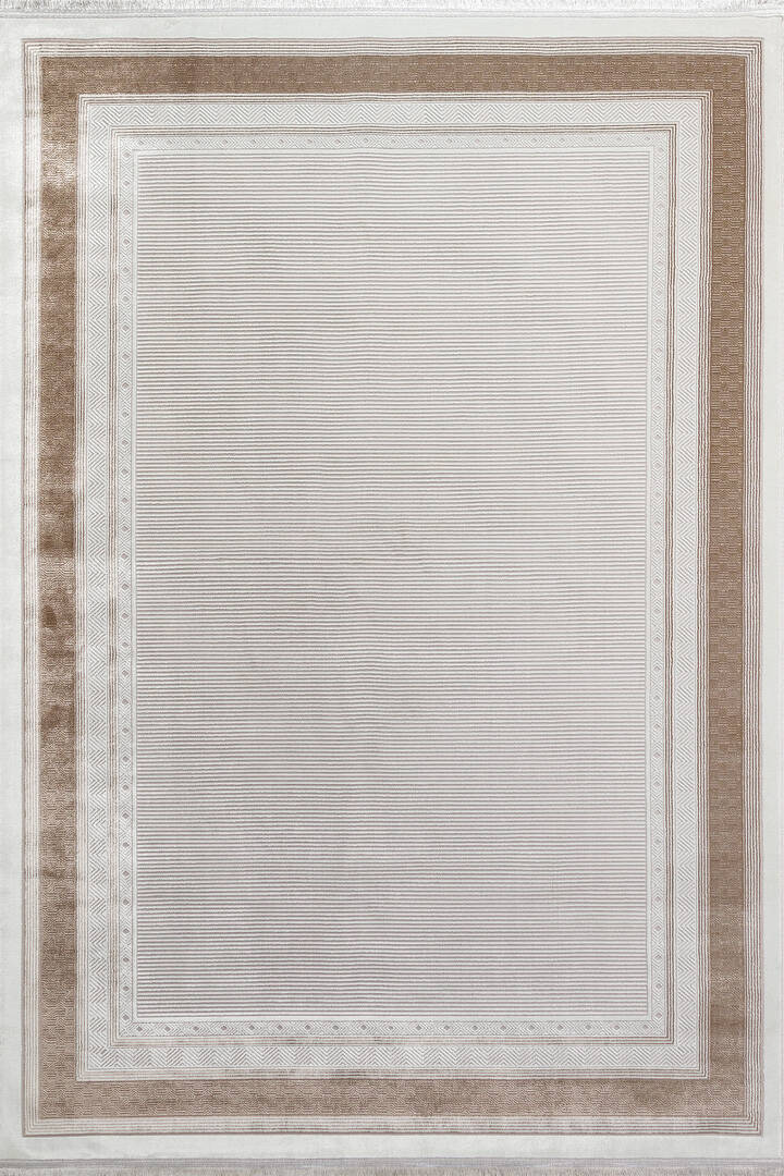 Parlak Saten Dokulu Poem Bambu Tuşe Klasik Çerçeve Desenli Halı Pm14 Bej - 2