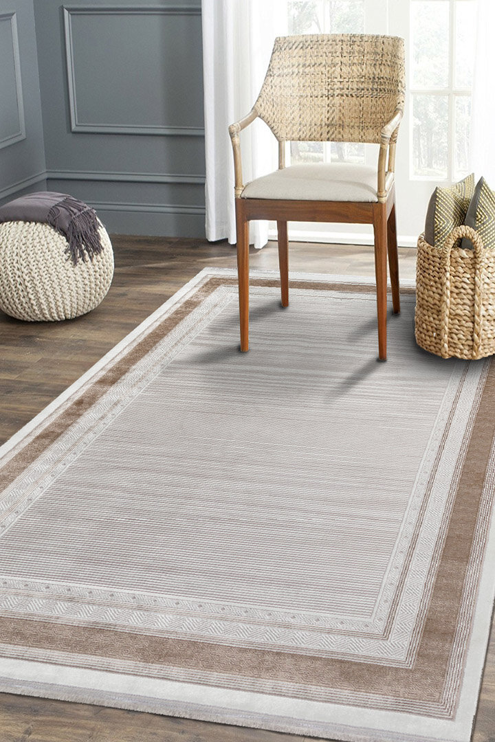 Parlak Saten Dokulu Poem Bambu Tuşe Klasik Çerçeve Desenli Halı Pm14 Bej 