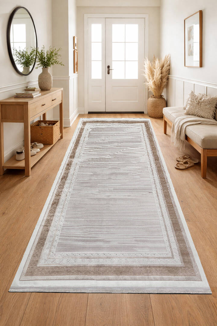 Parlak Saten Dokulu Poem Bambu Tuşe Klasik Çerçeve Desenli Halı Pm14 Bej - 3