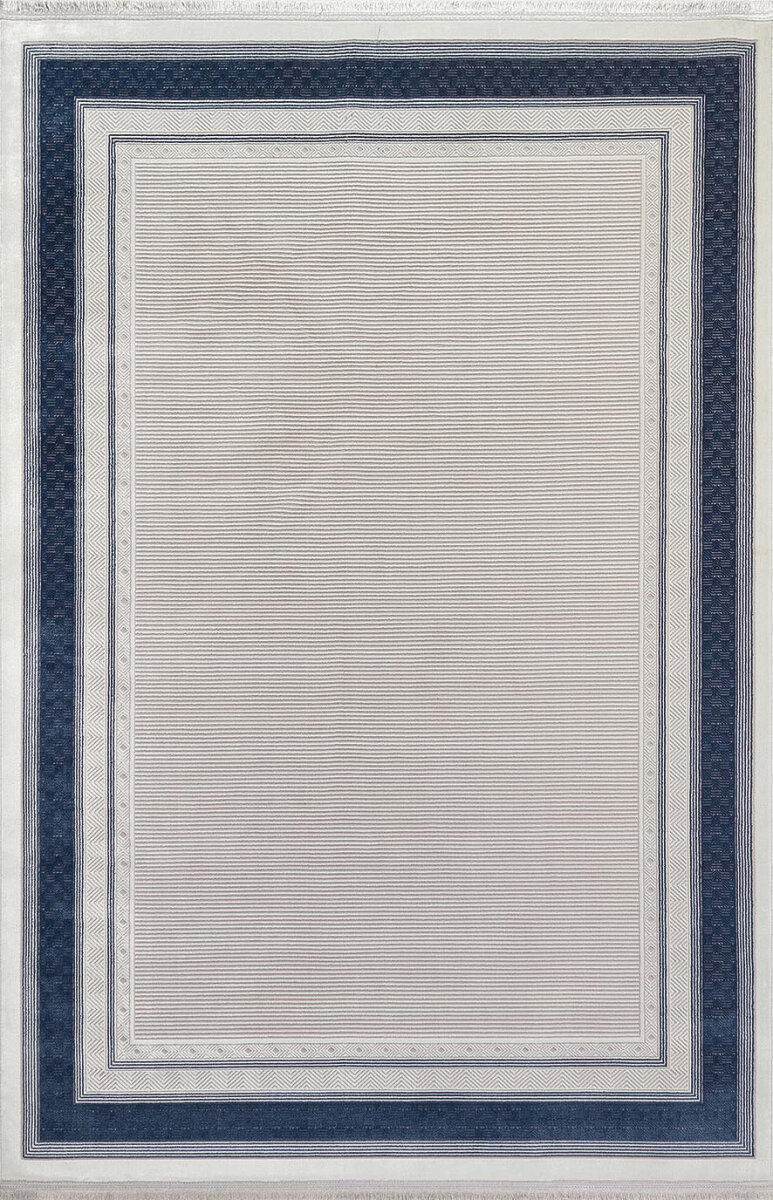 Parlak Saten Dokulu Poem Bambu Tuşe Klasik Çerçeve Desenli Halı Pm16 Mavi - 2