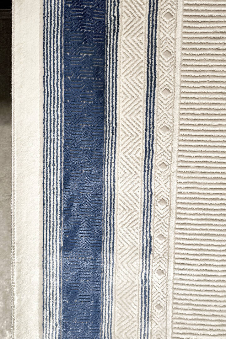 Parlak Saten Dokulu Poem Bambu Tuşe Klasik Çerçeve Desenli Halı Pm16 Mavi - 4