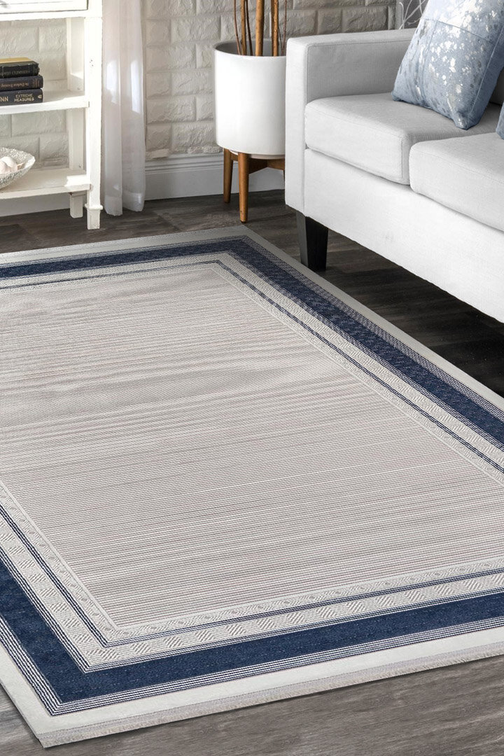 Parlak Saten Dokulu Poem Bambu Tuşe Klasik Çerçeve Desenli Halı Pm16 Mavi 