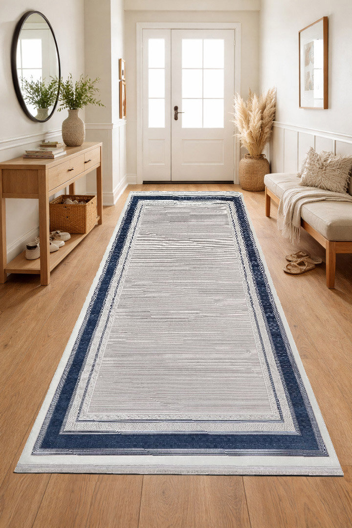 Parlak Saten Dokulu Poem Bambu Tuşe Klasik Çerçeve Desenli Halı Pm16 Mavi - 3