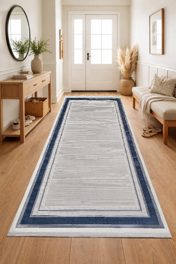 Parlak Saten Dokulu Poem Bambu Tuşe Klasik Çerçeve Desenli Halı Pm16 Mavi - 3