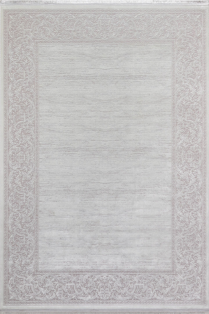 Parlak Saten Dokulu Poem Bambu Tuşe Klasik Çerçeve Desenli Halı Pm18 Beyaz - Frenda (1)