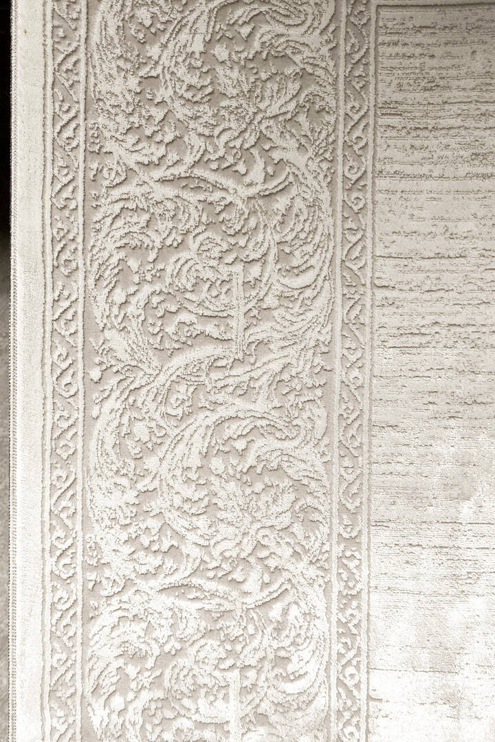 Parlak Saten Dokulu Poem Bambu Tuşe Klasik Çerçeve Desenli Halı Pm18 Beyaz - 4