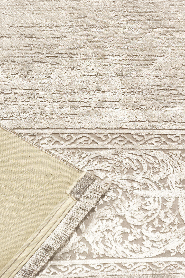 Parlak Saten Dokulu Poem Bambu Tuşe Klasik Çerçeve Desenli Halı Pm18 Beyaz - 5