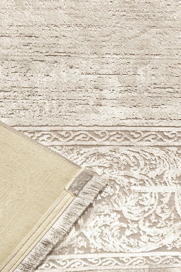 Parlak Saten Dokulu Poem Bambu Tuşe Klasik Çerçeve Desenli Halı Pm18 Beyaz - 5