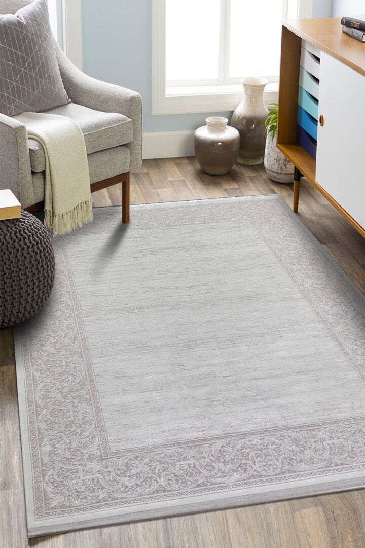 Parlak Saten Dokulu Poem Bambu Tuşe Klasik Çerçeve Desenli Halı Pm18 Beyaz - Frenda