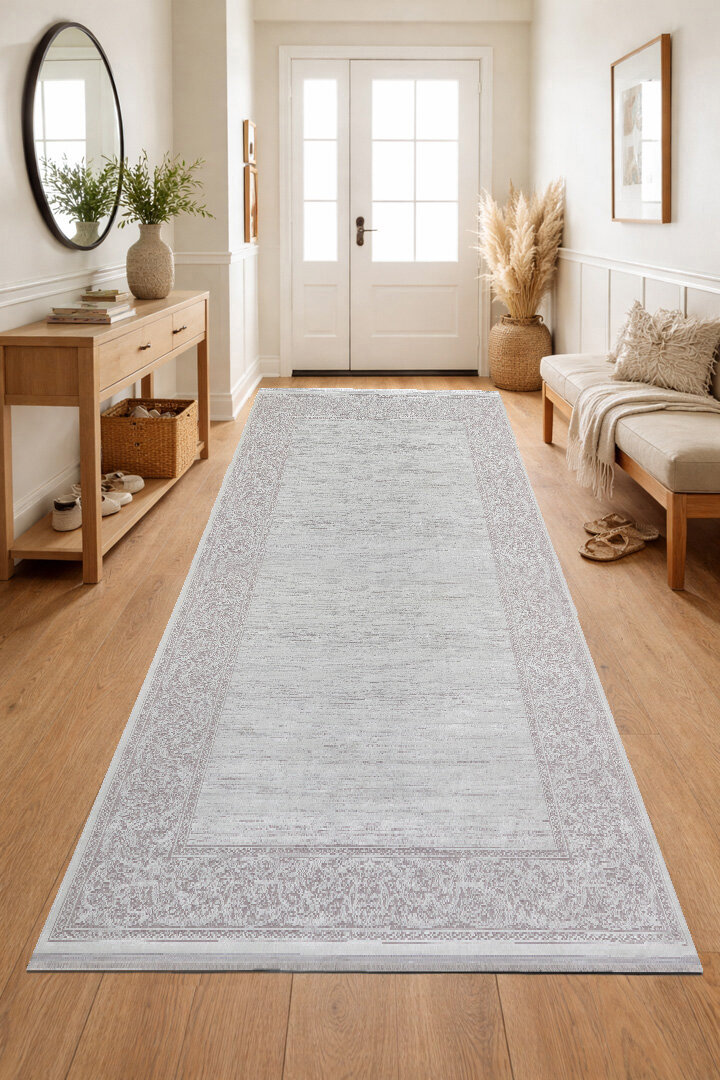 Parlak Saten Dokulu Poem Bambu Tuşe Klasik Çerçeve Desenli Halı Pm18 Beyaz - 3