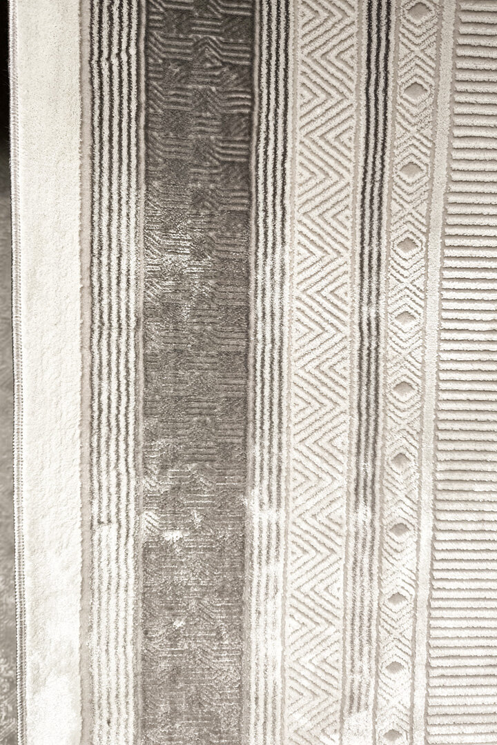 Parlak Saten Dokulu Poem Bambu Tuşe Klasik Çerçeve Desenli Halı Pm19 Beyaz - 4