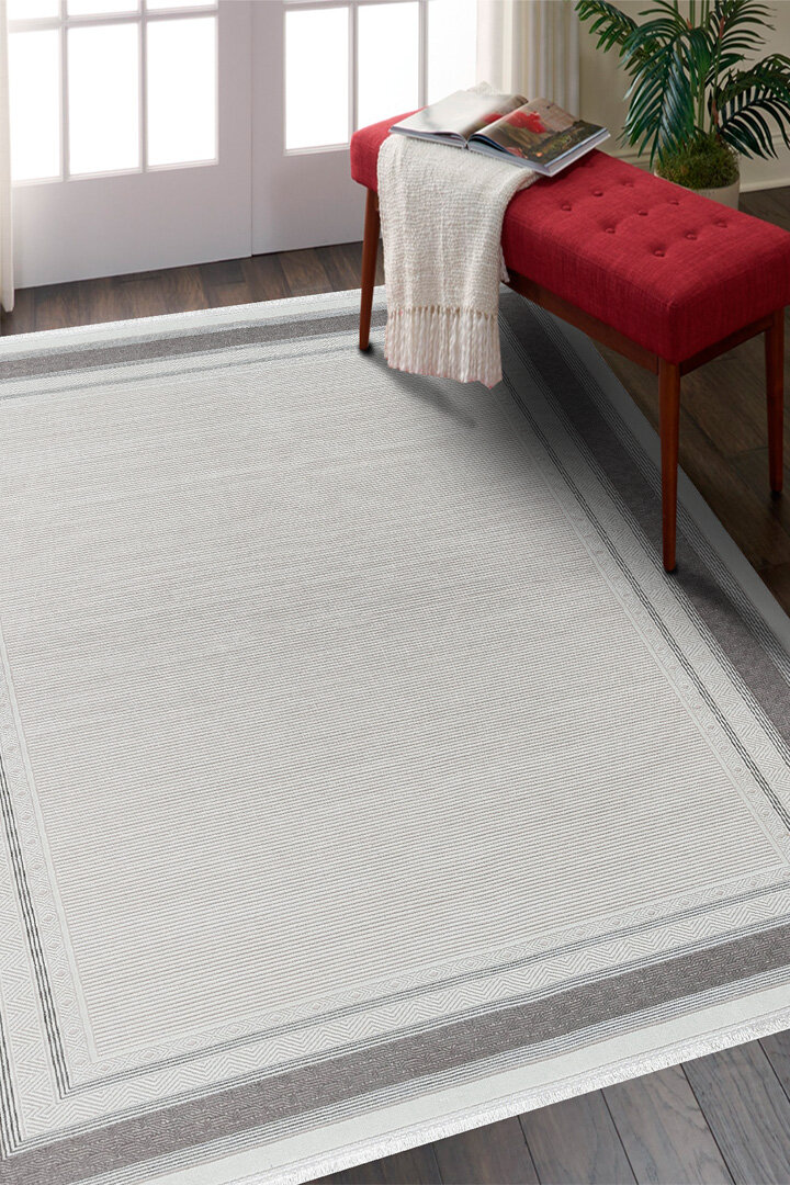 Parlak Saten Dokulu Poem Bambu Tuşe Klasik Çerçeve Desenli Halı Pm19 Beyaz - Frenda