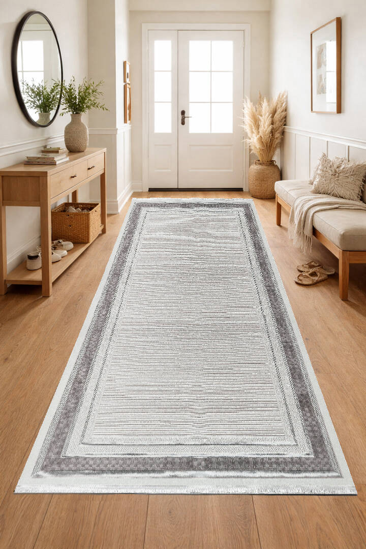 Parlak Saten Dokulu Poem Bambu Tuşe Klasik Çerçeve Desenli Halı Pm19 Beyaz - 3