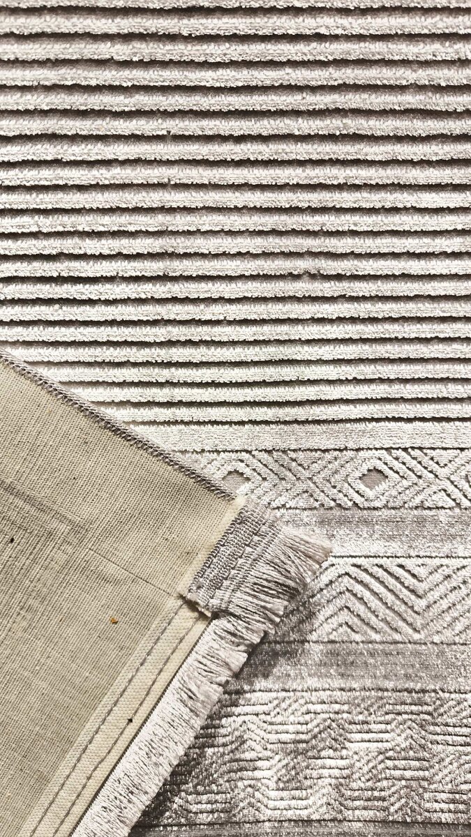 Parlak Saten Dokulu Poem Bambu Tuşe Klasik Çerçeve Desenli Halı Pm19 Beyaz - 5