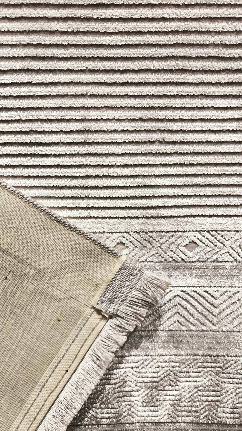 Parlak Saten Dokulu Poem Bambu Tuşe Klasik Çerçeve Desenli Halı Pm19 Beyaz - 5