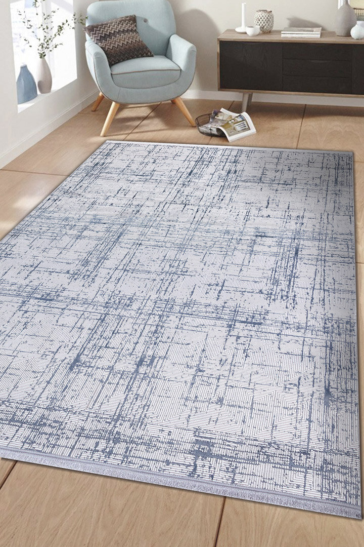 Parlak Saten Dokulu Poem Bambu Tuşe Modern Trend Halı Pm07 Mavi - Frenda