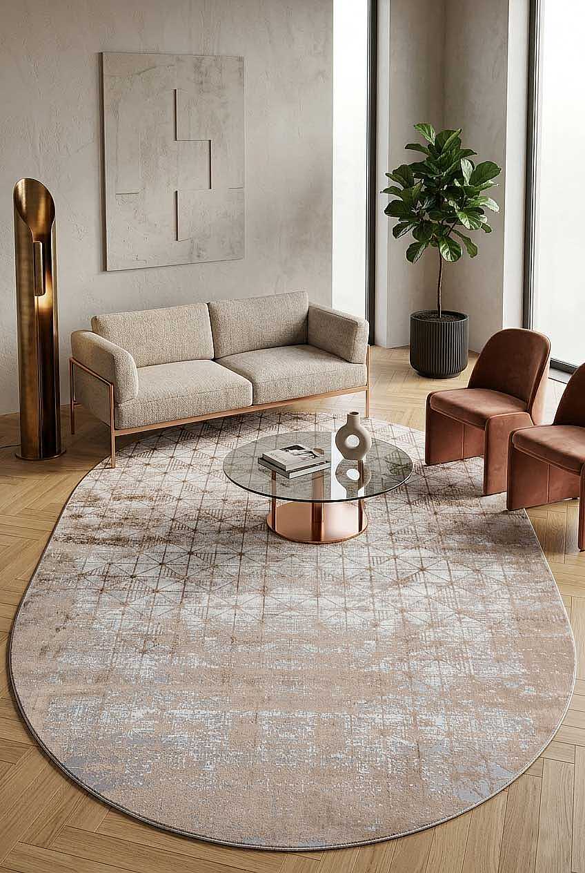 Parlak Saten Dokulu Poem Bambu Tuşe Modern Trend Oval Halı Pm06 Bej