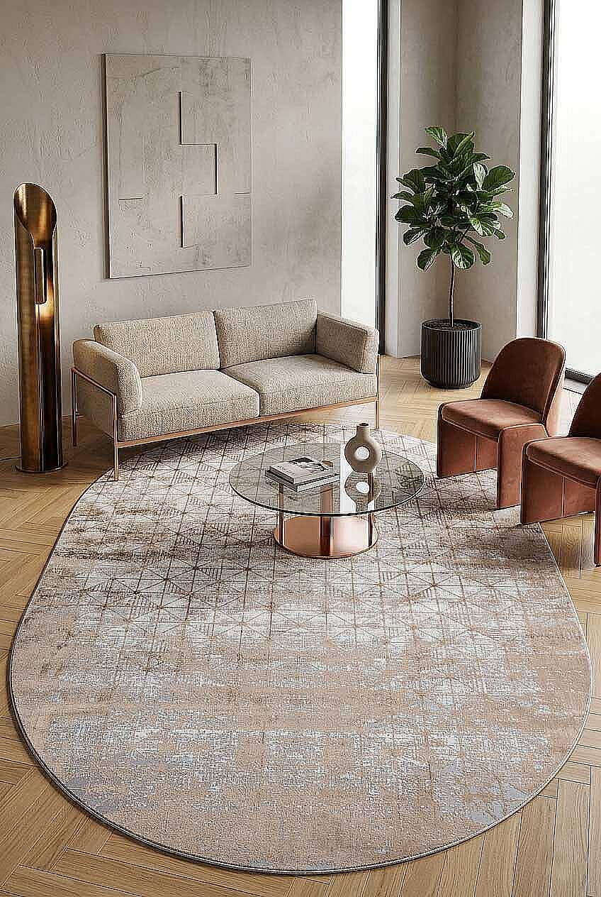 Parlak Saten Dokulu Poem Bambu Tuşe Modern Trend Oval Halı Pm06 Bej - 1