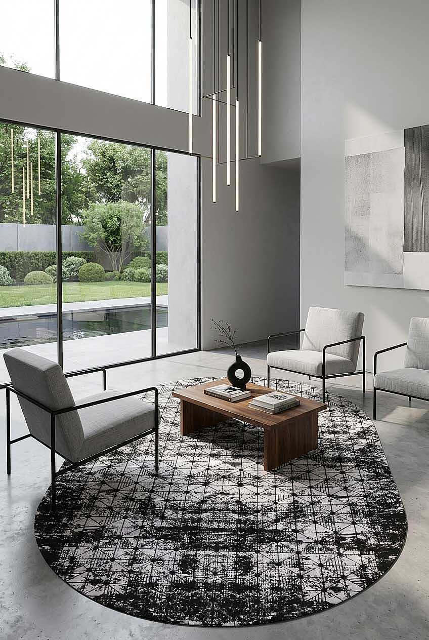 Parlak Saten Dokulu Poem Bambu Tuşe Modern Trend Oval Halı Pm06 Siyah