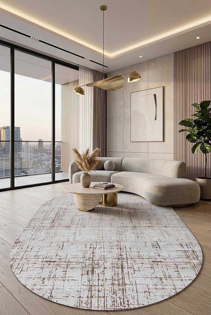 Parlak Saten Dokulu Poem Bambu Tuşe Modern Trend Oval Halı Pm07 Bej
