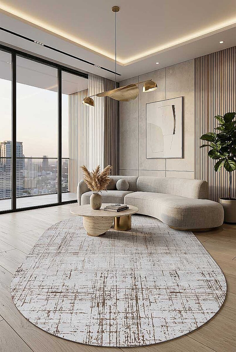 Parlak Saten Dokulu Poem Bambu Tuşe Modern Trend Oval Halı Pm07 Bej 