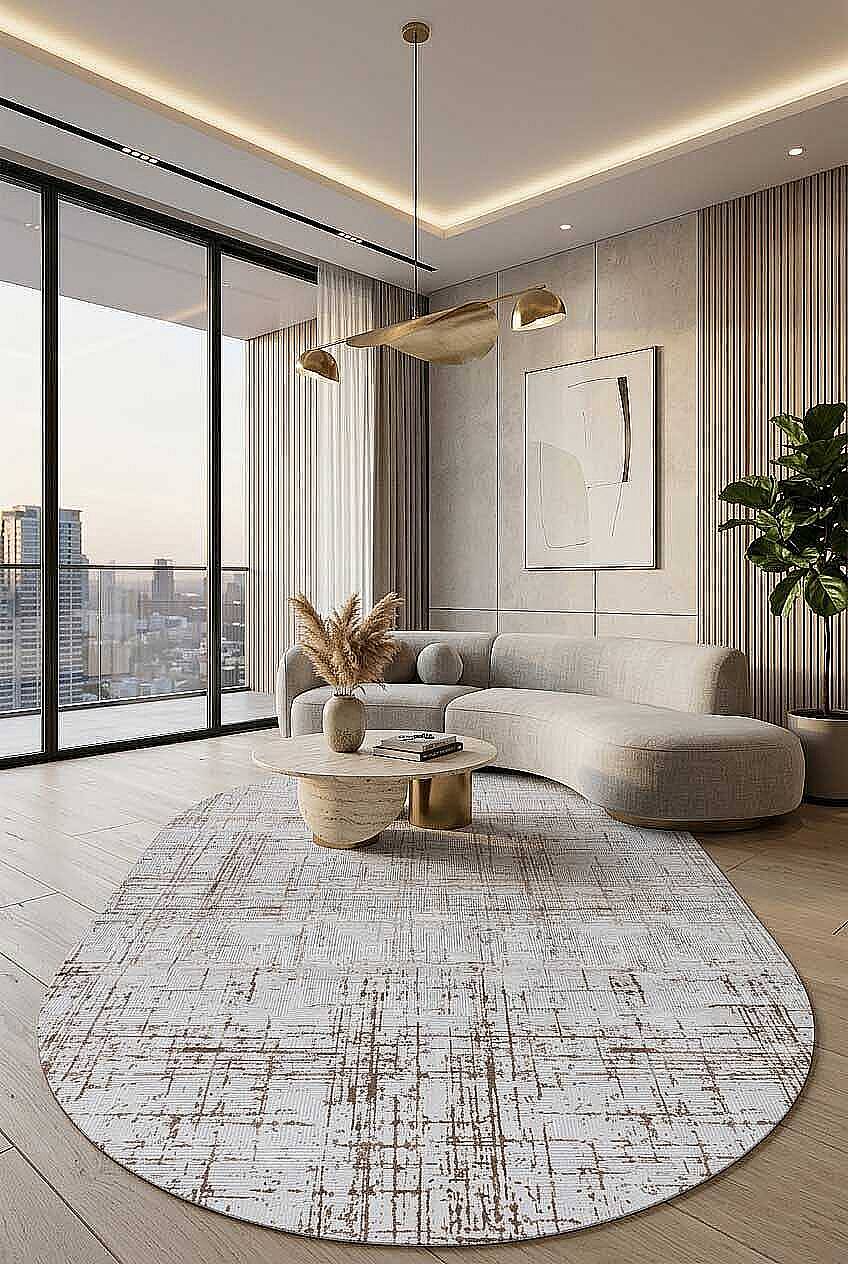 Parlak Saten Dokulu Poem Bambu Tuşe Modern Trend Oval Halı Pm07 Bej - 1