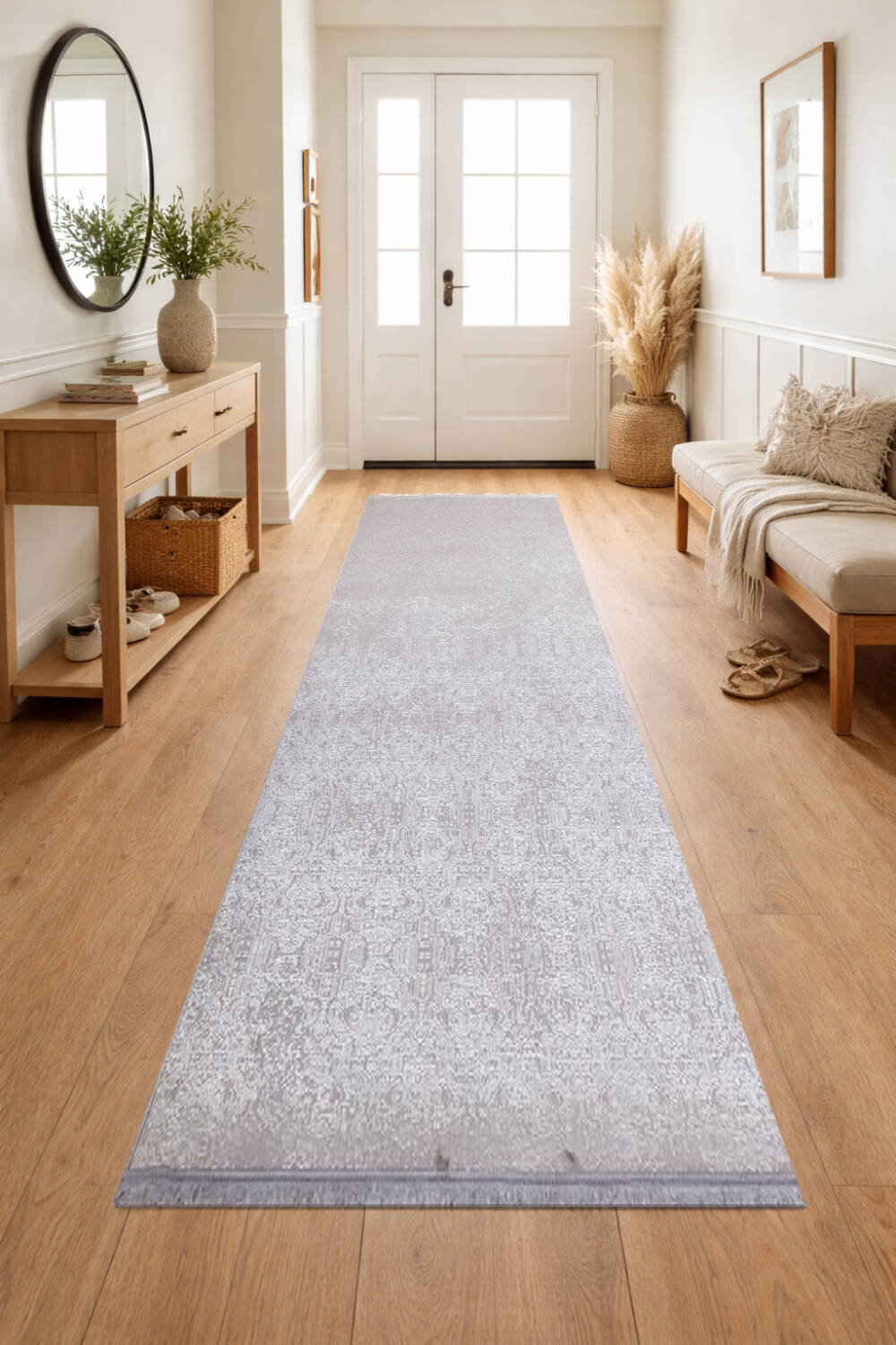 Parlak Saten Dokulu Poem Bambu Tuşe Modern Trend Yolluk Kesme Halı Pm02 Beyaz - 1