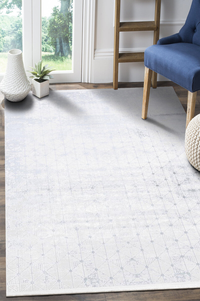 Parlak Saten Dokulu Poem Bambu Tuşe Modern Trend Yolluk Kesme Halı Pm06 Beyaz - 3