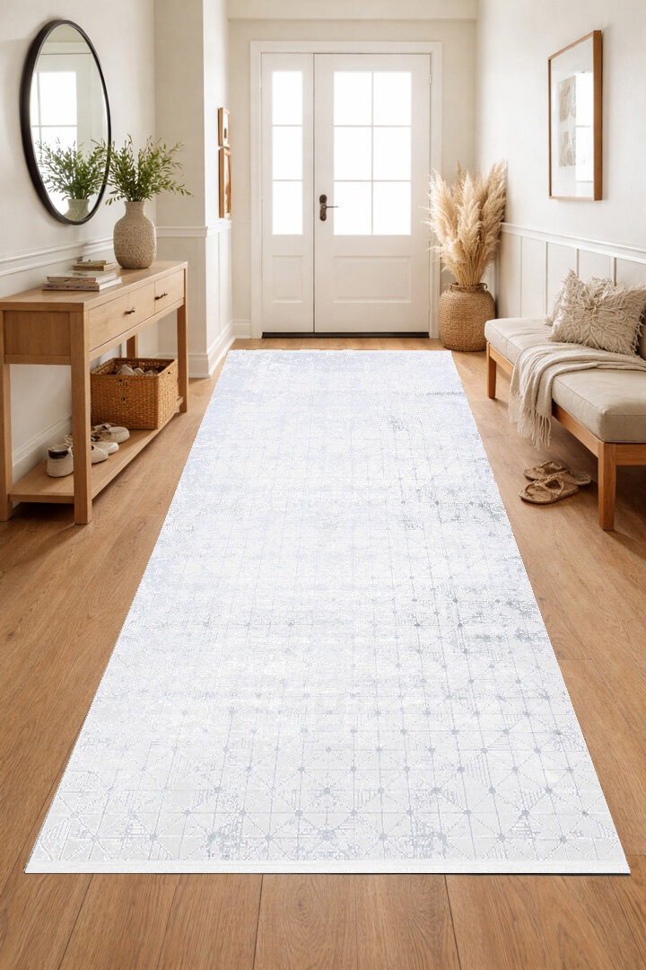 Parlak Saten Dokulu Poem Bambu Tuşe Modern Trend Yolluk Kesme Halı Pm06 Beyaz 