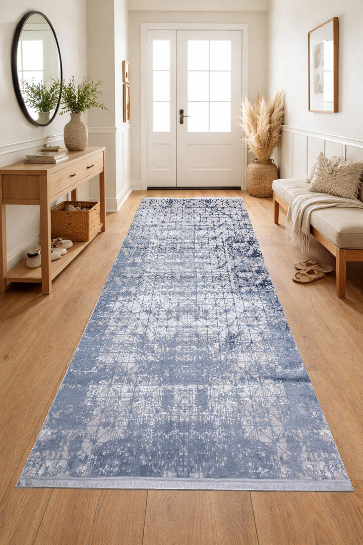 Parlak Saten Dokulu Poem Bambu Tuşe Modern Trend Yolluk Kesme Halı Pm06 Mavi 