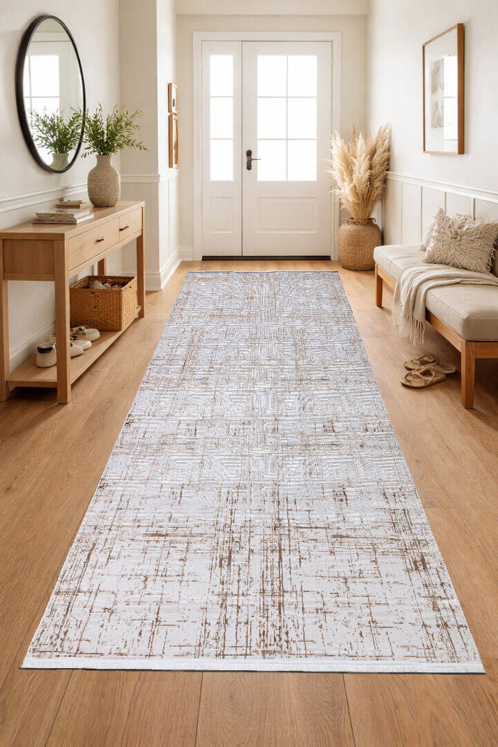 Parlak Saten Dokulu Poem Bambu Tuşe Modern Trend Yolluk Kesme Halı Pm07 Bej - 1