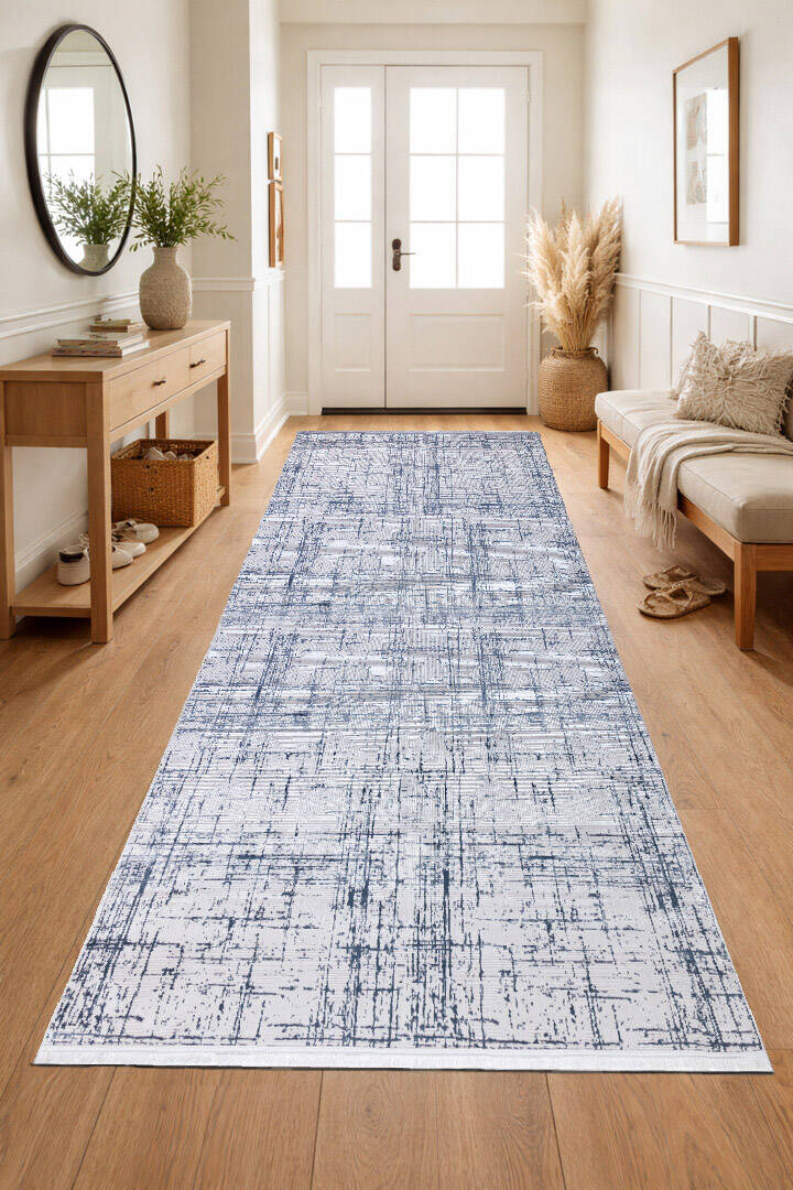 Parlak Saten Dokulu Poem Bambu Tuşe Modern Trend Yolluk Kesme Halı Pm07 Mavi - 1