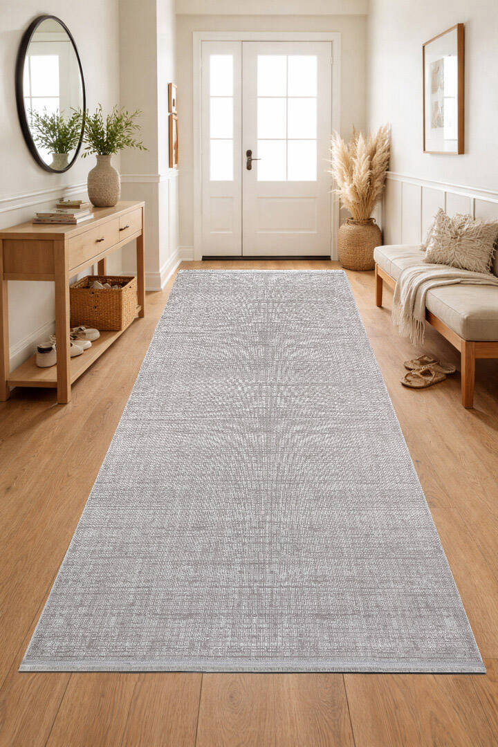 Parlak Saten Dokulu Poem Bambu Tuşe Modern Trend Yolluk Kesme Halı Pm11 Beyaz - 1