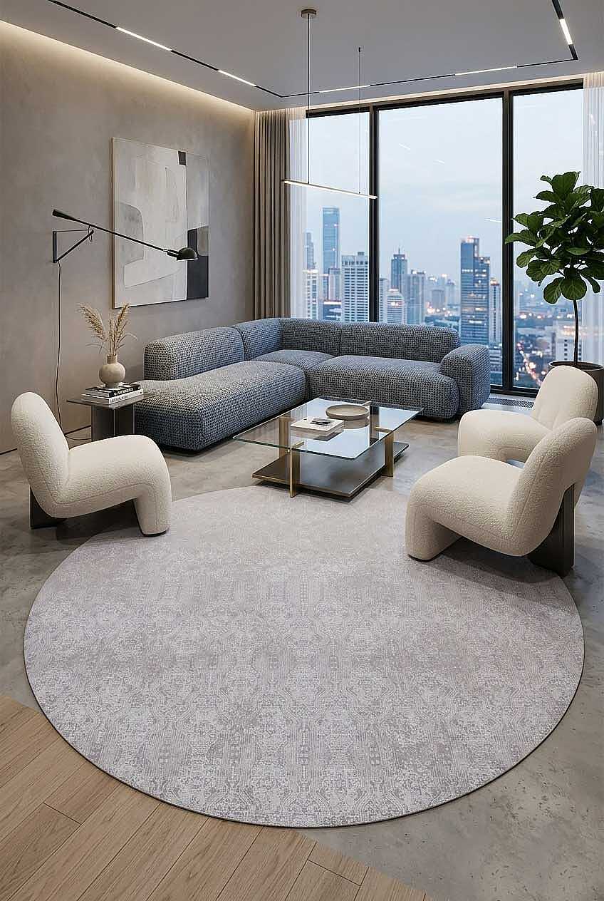 Parlak Saten Dokulu Poem Bambu Tuşe Modern Trend Yuvarlak Halı Pm02 Beyaz