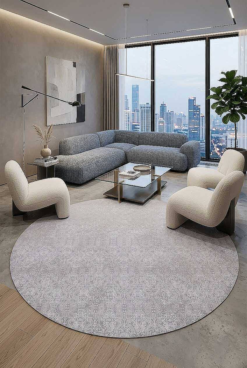 Parlak Saten Dokulu Poem Bambu Tuşe Modern Trend Yuvarlak Halı Pm02 Beyaz - 1