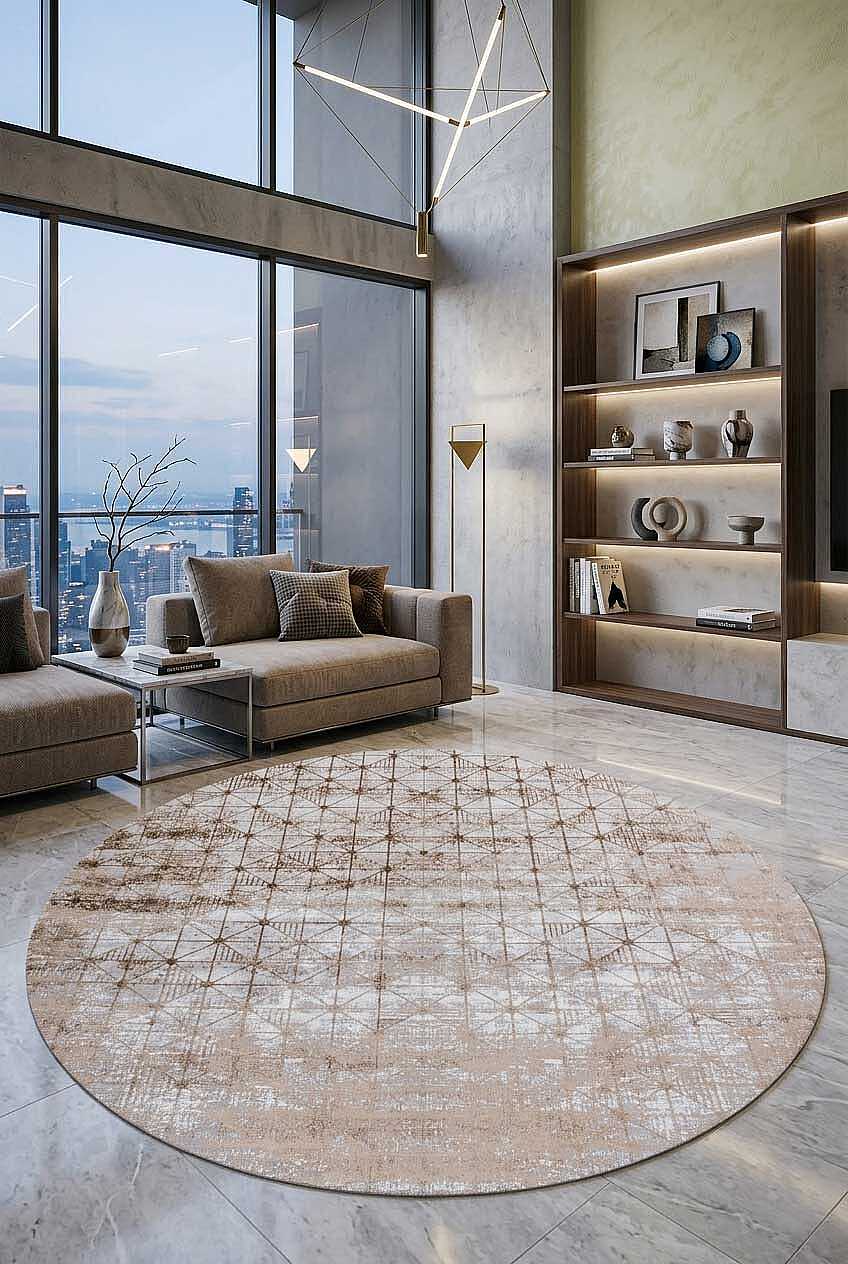 Parlak Saten Dokulu Poem Bambu Tuşe Modern Trend Yuvarlak Halı Pm06 Bej